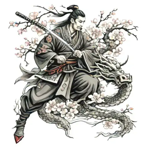 Samurai And Dragon With Small Cherry Blossom Petals Falling
