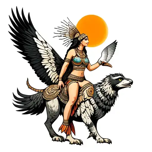 Aztec Goddess Eagle Woman Riding Aztec Animal With Sun Above And A Dove