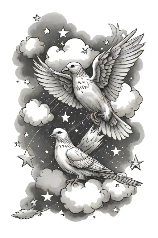 Clouds Surrounding Dove Birds And Few Stars Forming