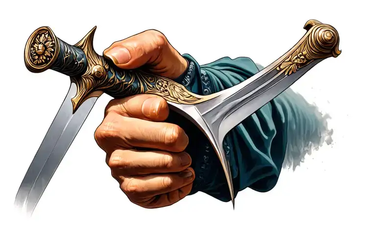 The Hand Holding The Hilt Of A Sword Going