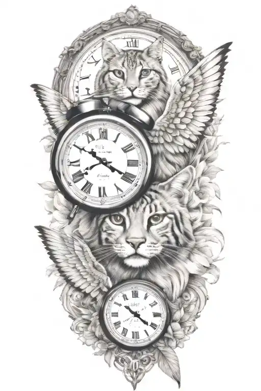 2 Clocks Angel Wings Spread Bobcat Face Tattoo Design