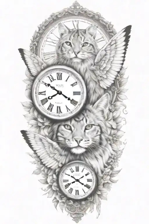 2 Clocks Angel Wings Spread Bobcat Face Tattoo Design