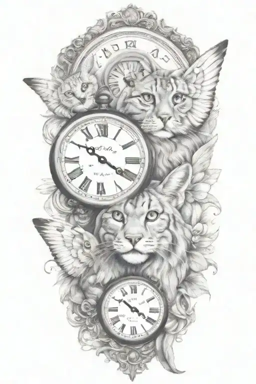2 Clocks Angel Wings Spread Bobcat Face Tattoo Design