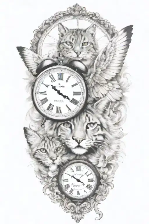 2 Clocks Angel Wings Spread Bobcat Face Tattoo Design