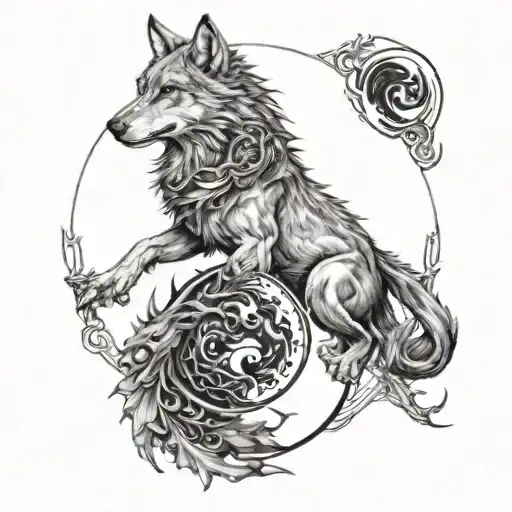 Tattoo Sketch Featuring A Wolf And Dragon In A Yin Yang Design