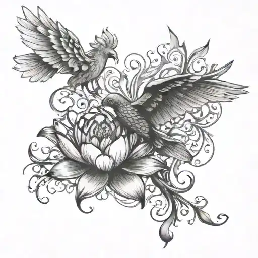 Lotus Flower And Phoenix Flying
