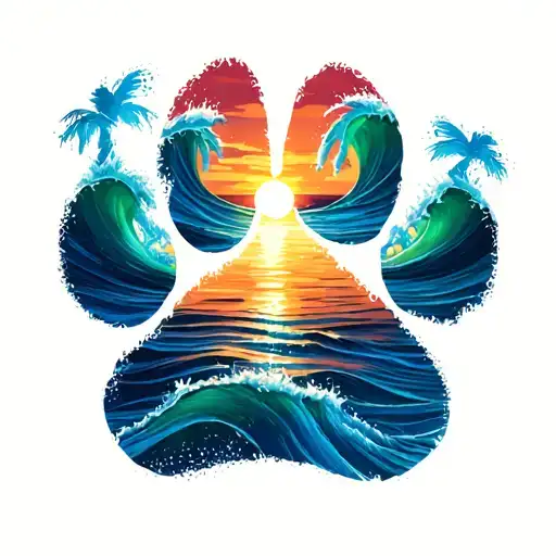 Sunset With Beach Waves And Dog Paw Print