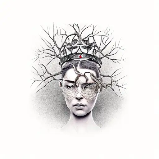 Tree With Roots And Chains Embedded In A Face Portrait Of A Queen