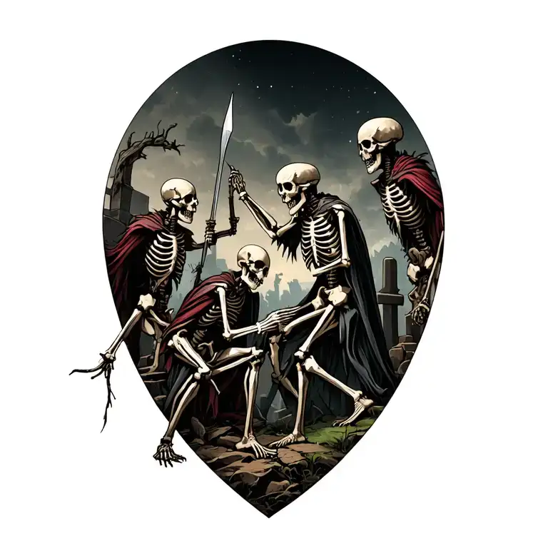 Soldier Skeletons Fighting Demons In Graveyard Scene