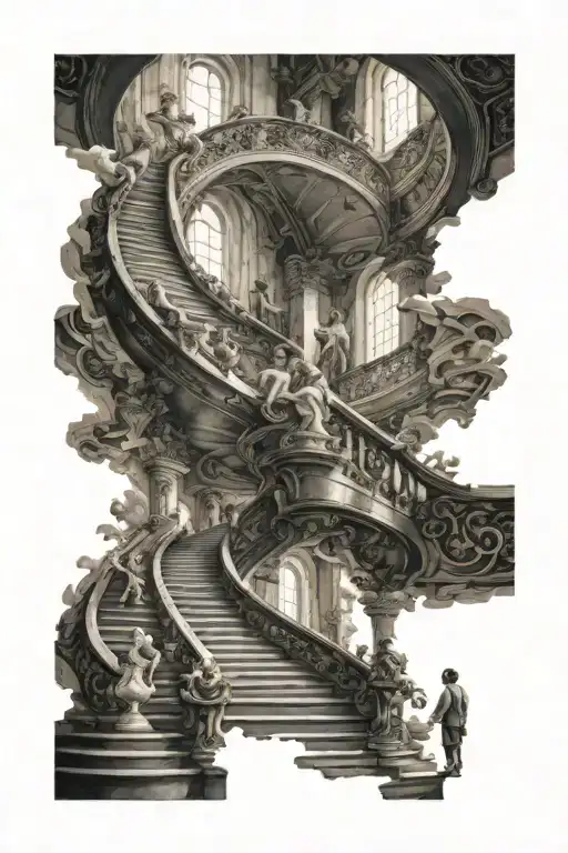 Grand Winding Staircase To Heaven With Little Boy Praying In Front