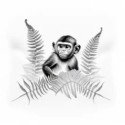 Black And White Sleeve With Ferns And One Capuchin Monkey In The Jungle