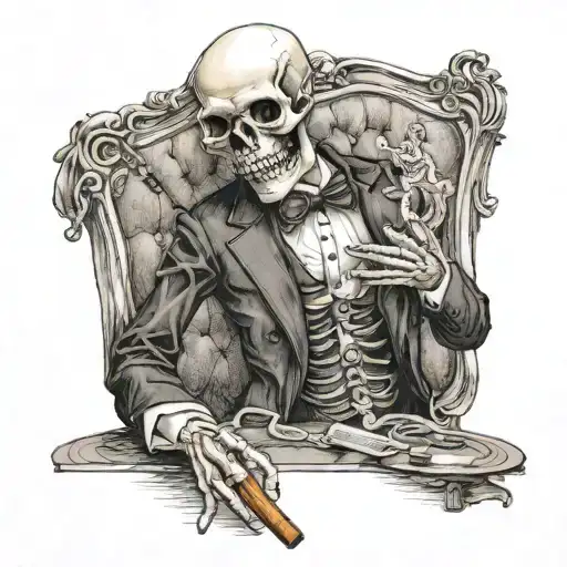Skeleton In A Tuxedo With A Cigar Leaning