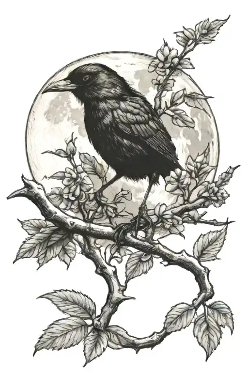 Realistic Moon With Tree Branch And Blackbird