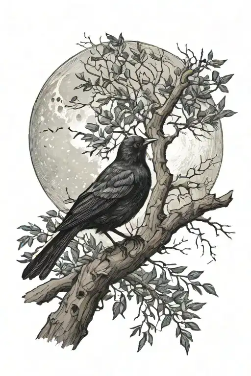Realistic Moon With Tree Branch And Blackbird