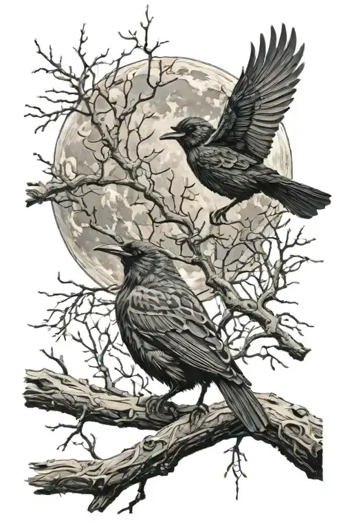 Realistic Moon With Tree Branch And Blackbird