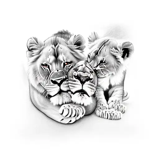 Lion And Lioness With Two Cubs