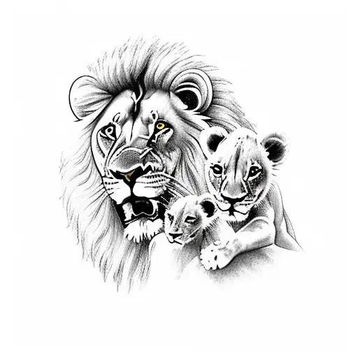 Lion Family With Two Cubs