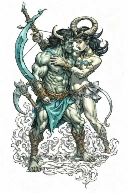 Minotaur Holding A Fire Bow With His Arm Around Dark Haired Elf Woman In A Revealing Teal Dress