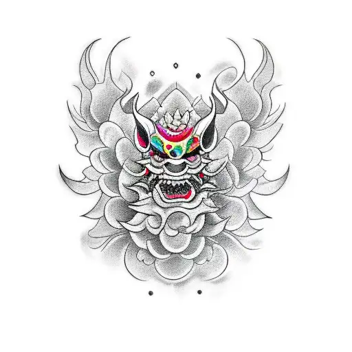 A Unique Blackwork Tattoo Of A Hannya With A Colorful Background
