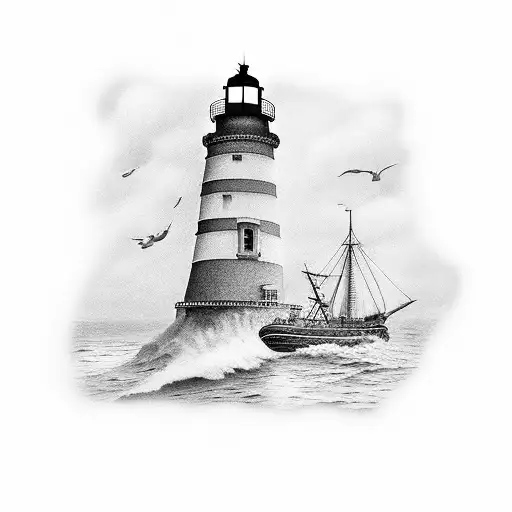 Ship In Front Of Lighthouse