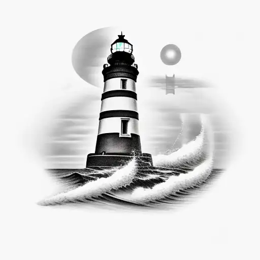 Ship In Front Of Lighthouse Whit Compass As Sky