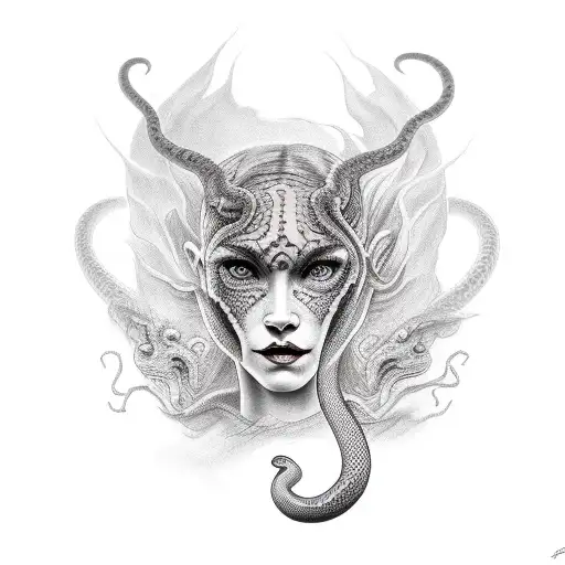 A Face Of A Female Devil With A Coiled Snake