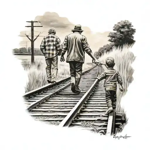 Father And Son Holding Hands Walking On Railroad