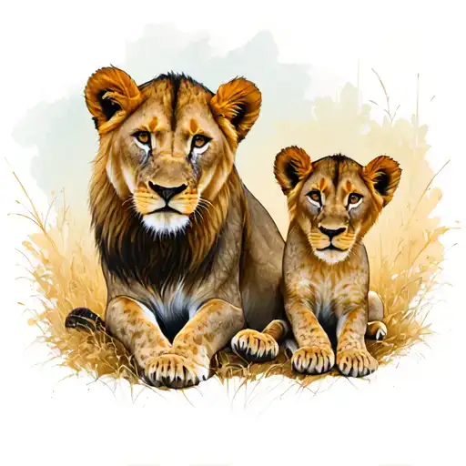 Lioness And Two Girl And Boy Lion Cub