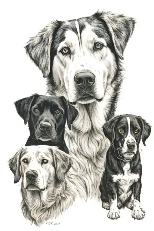 Husky Sat With A Labrador And Spaniel