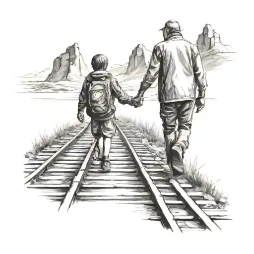 Father And Son Holding Hands Walking On Railroad In Mountains