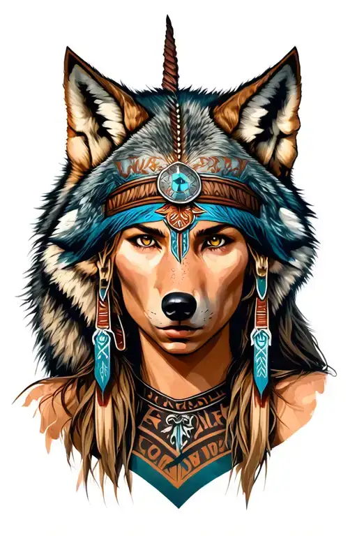Human Huntress With Wolf Headdress Being Worn