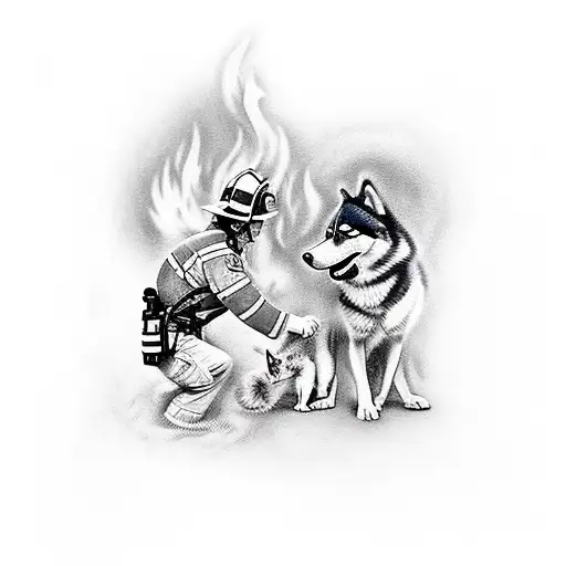 Create A Tattoo Of A Firefighter Heroically Saving A Husky From A Burning Building