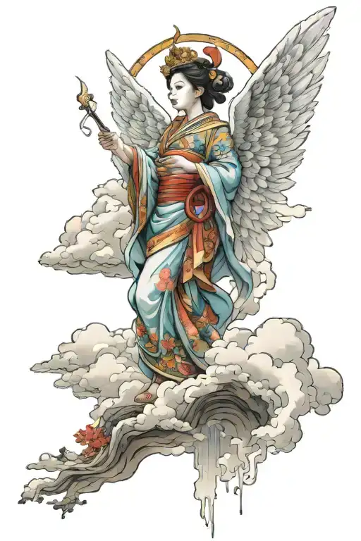 Japanese Temple Angel With Clouds And Colored
