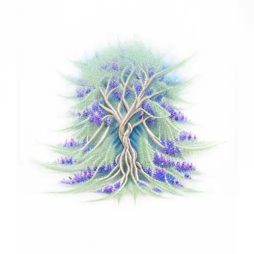 Weaping Willow Tree With Blue And Purple Roses Intertwined In The Trunk And Roots