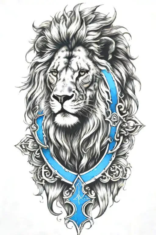 Lion Head With Think Blue Line Cross Surrounded