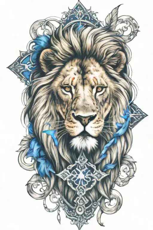 Lion Head With Think Blue Line Cross Surrounded