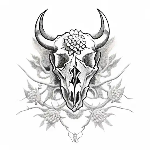 Bull Skull With Thorns And Chrysanthemum