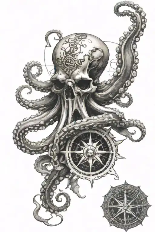 A Detailed Octopus Wrapping Its Tentacles Around A Mountain Ram Skull Over A Compass Rose