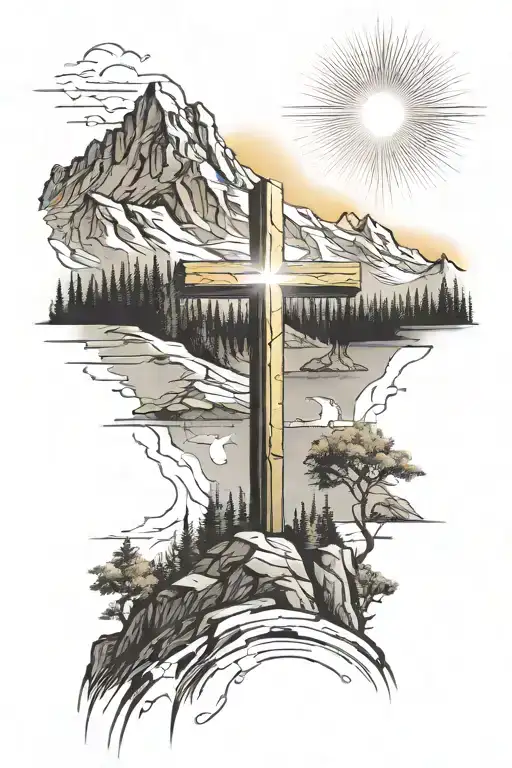Christian Cross Summit Of A Mountain Landscape Ray Of Sunshine Coming In