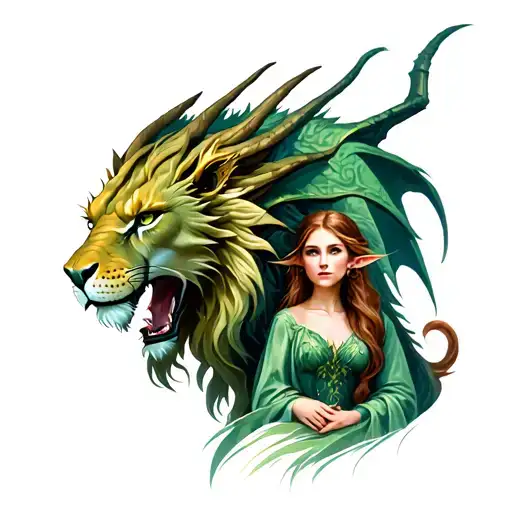 Dragon With Lion In A Forrest With A Female Elf