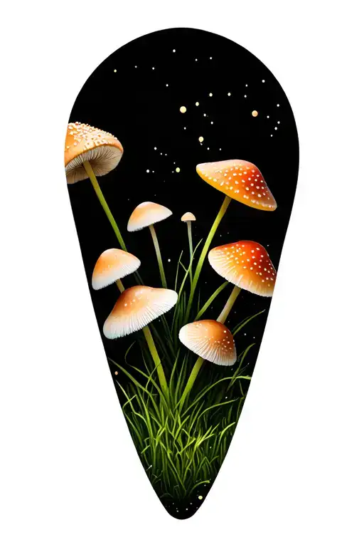 Long Flowers And Mushrooms Growing In The Grass With Particles