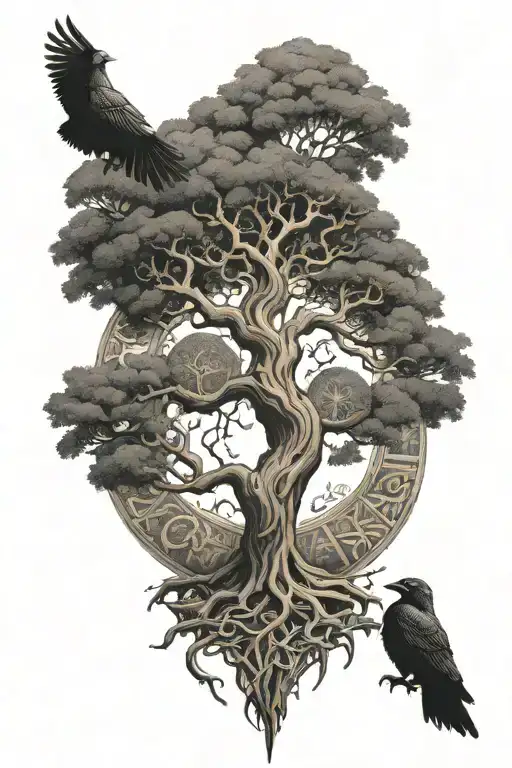 Yggdrasil Tree Hugin And Munin And Nordic Runes