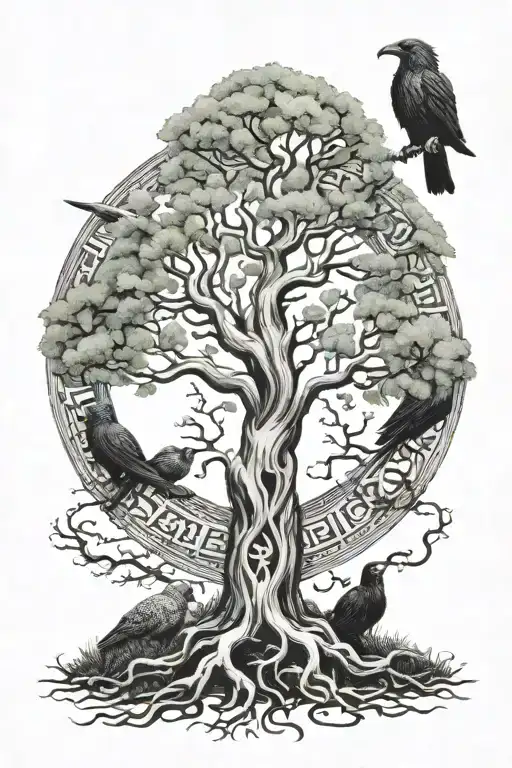 Yggdrasil Tree Hugin And Munin And Nordic Runes