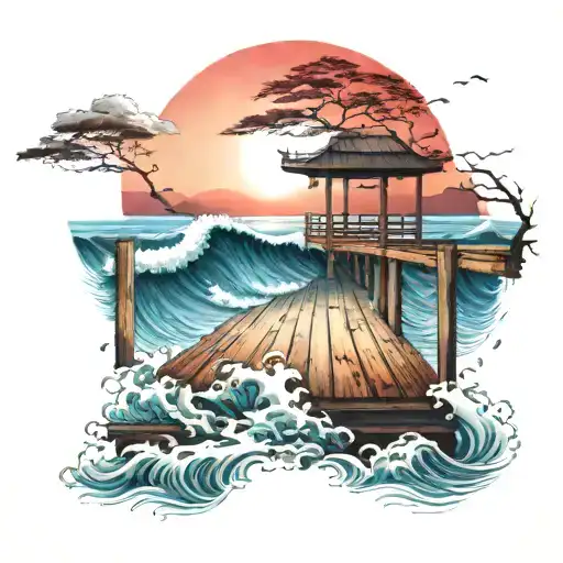 Wooden Pier With Japanese Waves And Red Rays As Sunset