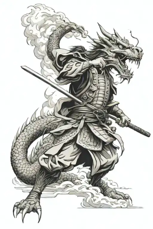 Samurai Slaying A Dragon Breathing Fire