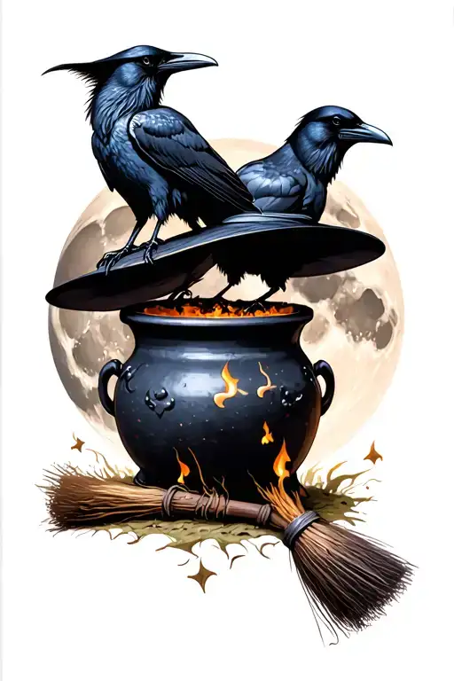 Witchy Cauldron With Raven And Hat And Broom In Front Of Moon