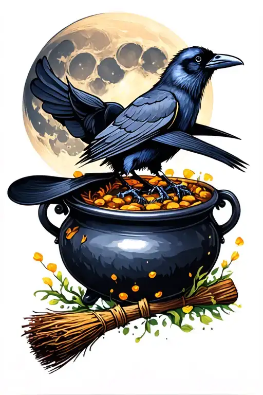 Witchy Cauldron With Raven And Hat And Broom In Front Of Moon