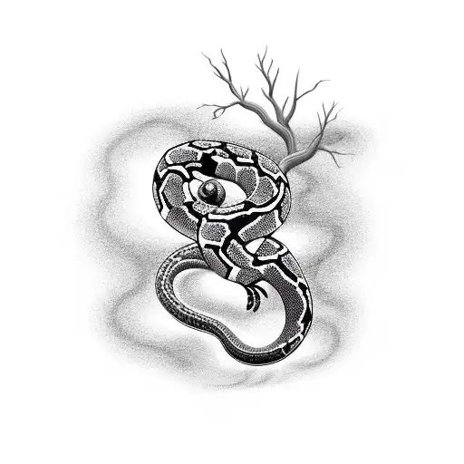 Black And White Snake Twisted With Red Leaves