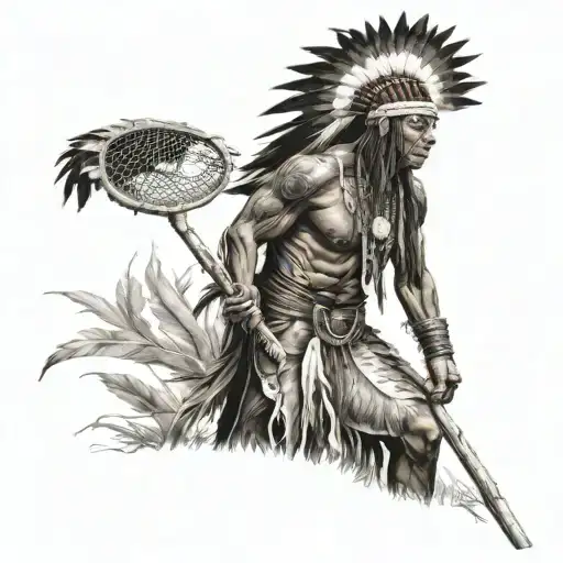 Native American Standing Up Tall Holding A Lacrosse Stick