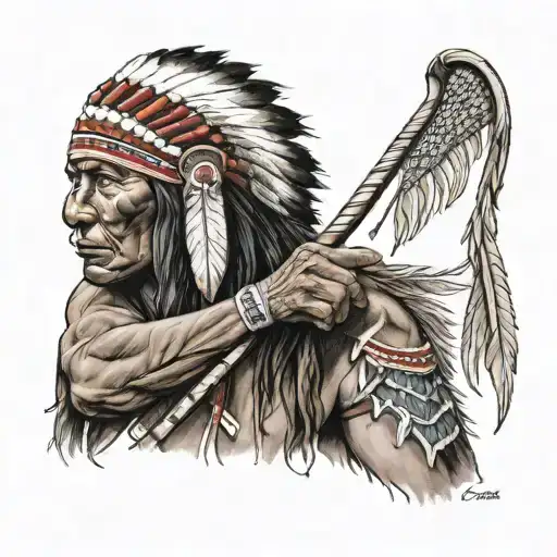 Native American With Color Holding A Traditional Lacrosse Stick